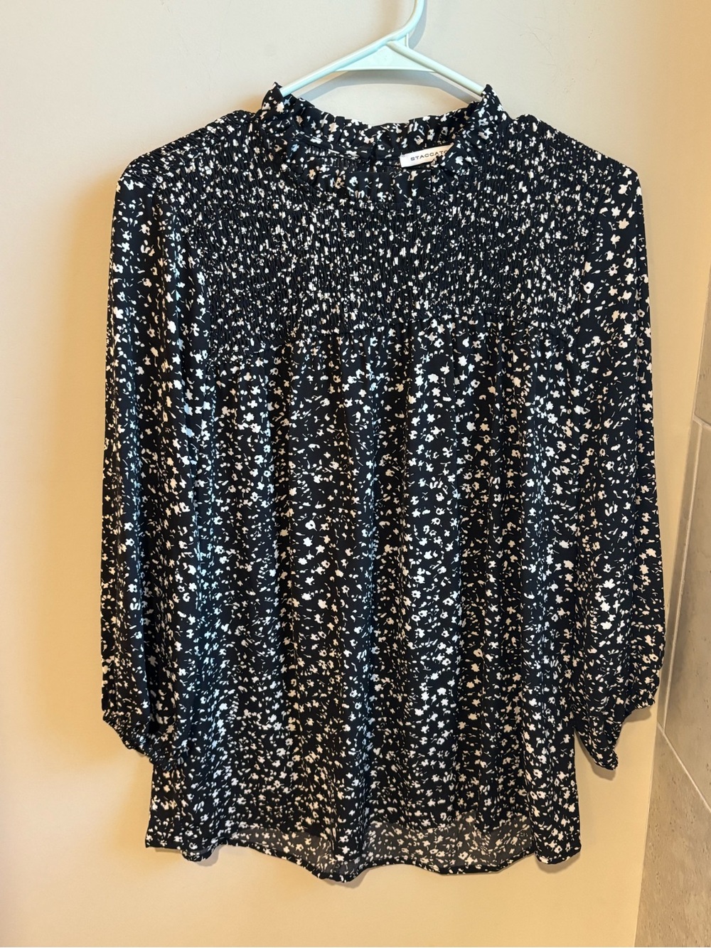 Staccato Black and White Floral Smocked Yoke Blouse